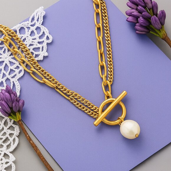 🆕️Dainty Pearl Pendant Necklace & Bracelet Set 18K Gold Plated Stainless Steel - Picture 8 of 10